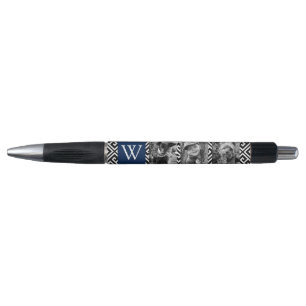 Navy Blue Greek Key and Monogram Photo Collage Pen