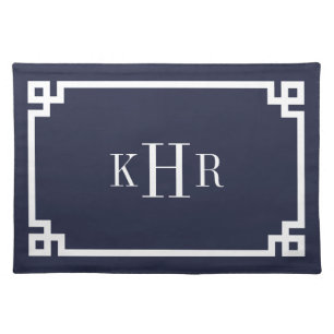 Navy Blue Greek Key Border Custom Monogram Cloth Placemat