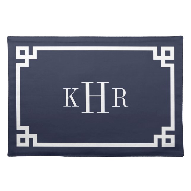 Navy Blue Greek Key Border Custom Monogram Cloth Placemat (Front)