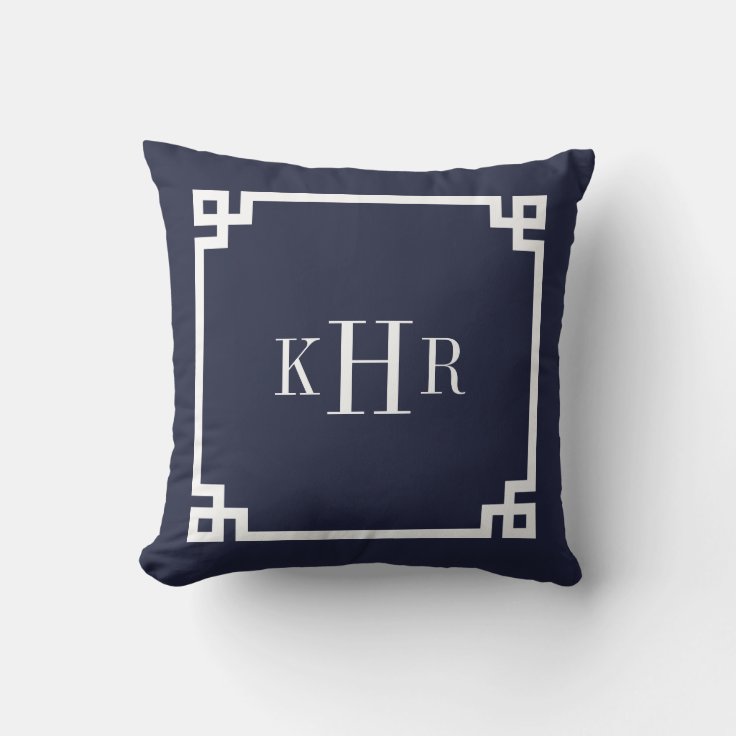 Navy Blue Greek Key Border Custom Monogram Throw Pillow Zazzle