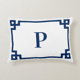 Navy Blue Greek Key Border Monogram Accent Pillow