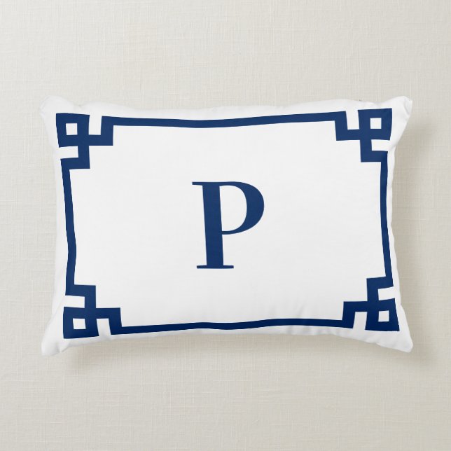 Navy Blue Greek Key Border Monogram Accent Pillow (Front)
