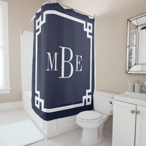 Navy Blue Greek Key Border Monogram Shower Curtain