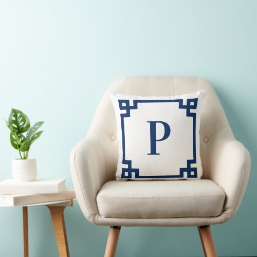 Navy Blue Greek Key Border Monogram Throw Pillow