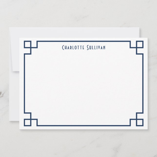 Navy Blue Greek Key Border Personalized Stationery Note Card (Front)