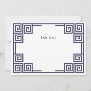 Navy Blue Greek Key Border Personalized Stationery Note Card