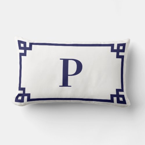 Navy Blue Greek Key Border Single Letter Monogram Lumbar Pillow