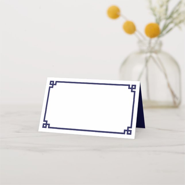 Navy Blue Greek Key Border Wedding Place Card (Front)
