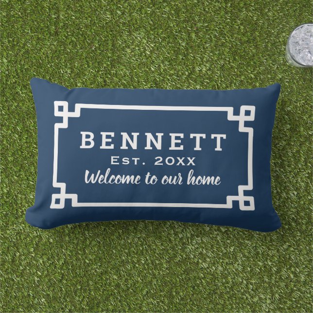 Navy Blue Greek Key Custom Monogram Welcome Lumbar Pillow (Grass)