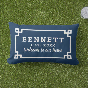 Navy Blue Greek Key Monogram Welcome Lumbar Pillow