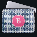 Navy Blue Greek Key Pattern Hot Pink Monogram Laptop Sleeve<br><div class="desc">Navy Blue Greek Key Pattern Hot Pink Monogram Laptop Sleeve. Customizable laptop sleeve featuring navy blue and white greek key pattern. Personalize by adding your own monogram.</div>