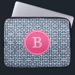 Navy Blue Greek Key Pattern Hot Pink Monogram Laptop Sleeve<br><div class="desc">Navy Blue Greek Key Pattern Hot Pink Monogram Laptop Sleeve. Customizable laptop sleeve featuring navy blue and white greek key pattern. Personalize by adding your own monogram.</div>