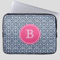 Navy Blue Greek Key Pattern Hot Pink Monogram Laptop Sleeve