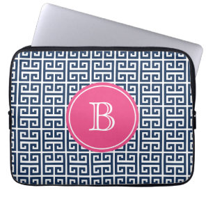 Navy Blue Greek Key Pattern Hot Pink Monogram Laptop Sleeve
