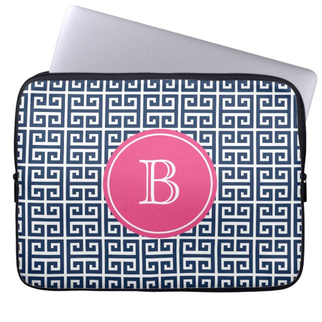 Navy Blue Greek Key Pattern Hot Pink Monogram Laptop Sleeve (Front)