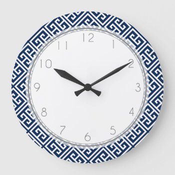 Navy Blue Greek Key Pattern Large Clock by heartlockedhome at Zazzle
