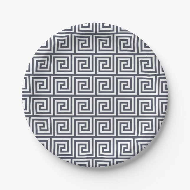 Navy Blue Greek Key Pattern Paper Plates (Front)