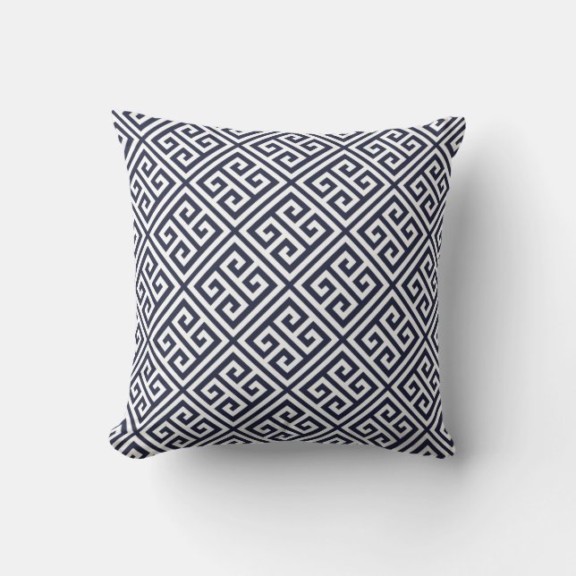 Navy Blue Greek Key Pattern Throw Pillow (Front)