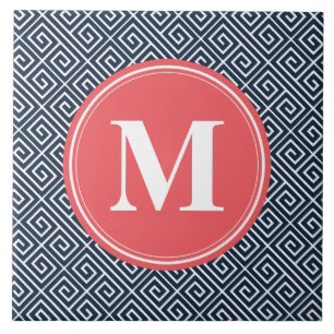 Navy Blue Greek Key Pattern Watermelon Monogram Ceramic Tile