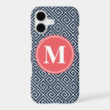 Navy Blue Greek Key Pattern Watermelon Monogram