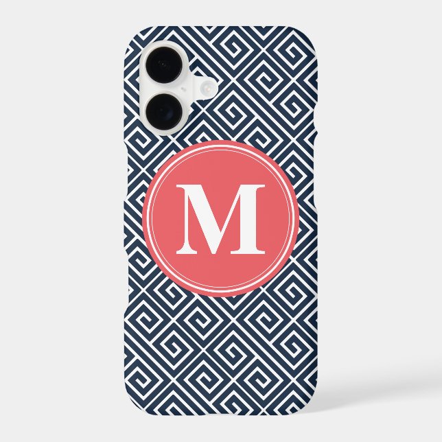 Navy Blue Greek Key Pattern Watermelon Monogram Iphone Case (Back)