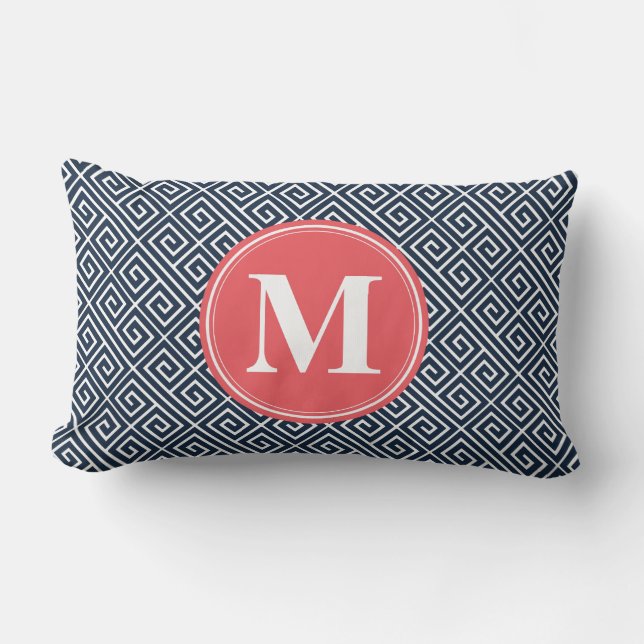 Navy Blue Greek Key Pattern Watermelon Monogram Lumbar Pillow (Front)