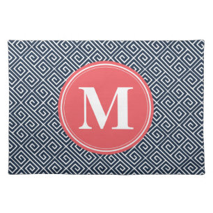 Navy Blue Greek Key Pattern Watermelon Monogram Placemat