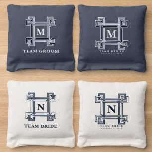 Navy Blue Greek Key Wedding Lawn Game Monogram Cornhole Bags