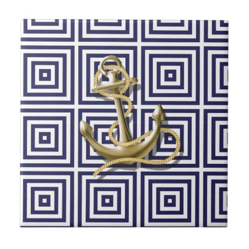 Navy Blue greek pattern preppy nautical Anchor Ceramic Tile