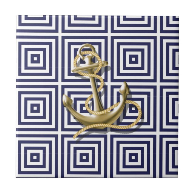 Navy Blue greek pattern preppy nautical Anchor Ceramic Tile (Front)