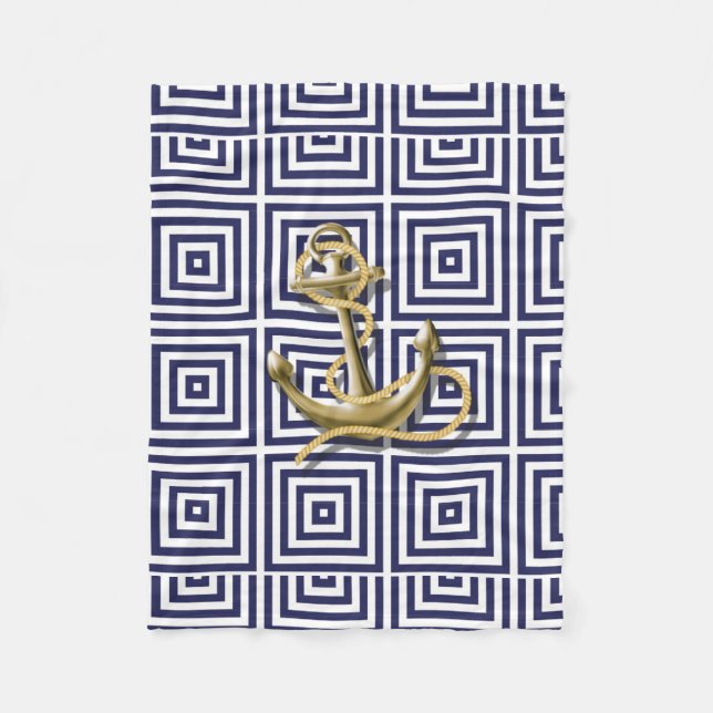 Navy Blue greek pattern preppy nautical Anchor Fleece Blanket (Front)