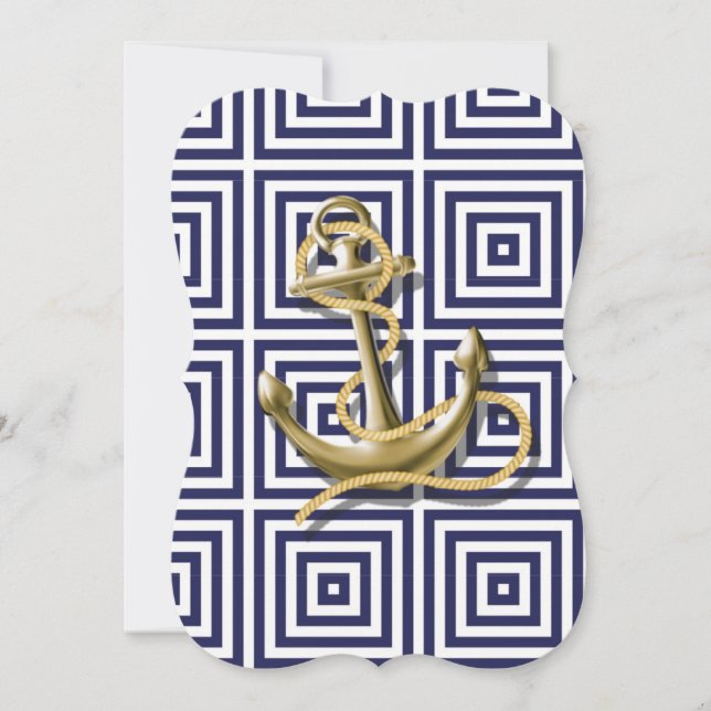 Navy Blue greek pattern preppy nautical Anchor Invitation (Front)
