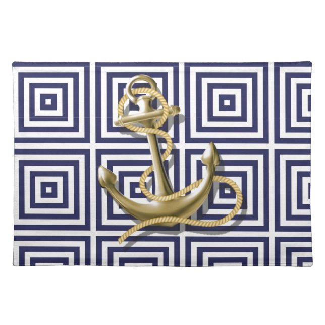 Navy Blue greek pattern preppy nautical Anchor Placemat (Front)