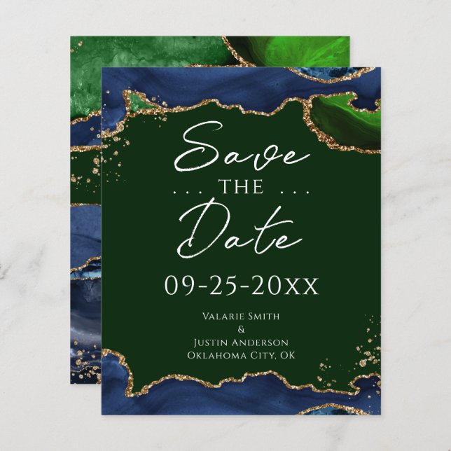 Navy Blue & Green Agate Save the Date (Front/Back)
