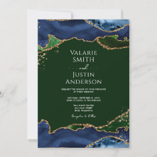 Navy Blue & Green Agate Wedding  Invitation