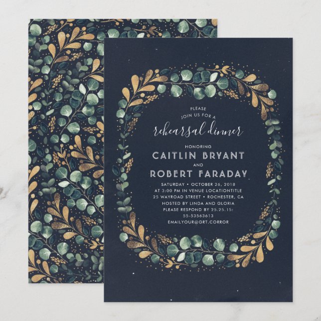 Navy Blue Green and Gold Greenery Rehearsal Dinner Invitation (Front/Back)