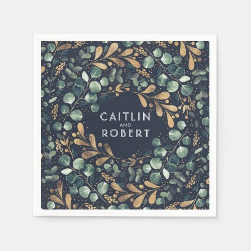 Navy Blue Green and Gold Vintage Wedding Napkins