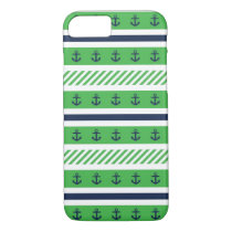 Navy Blue, Green and White Anchors Pattern iPhone 8/7 Case