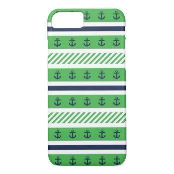 Navy Blue  Green And White Anchors Pattern Iphone 8/7 Case by eventfulcards at Zazzle