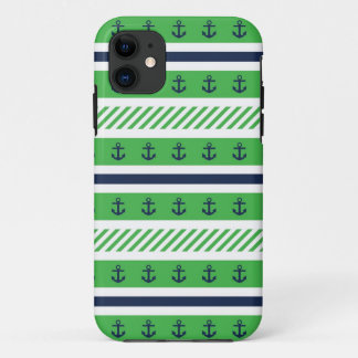 Navy Blue, Green and White Anchors Pattern iPhone 11 Case