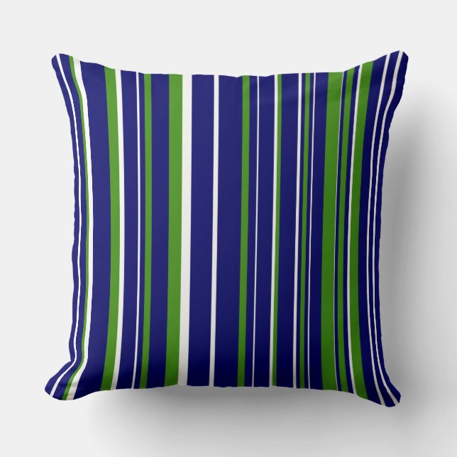 Navy Blue, Green, and White Barcode Stripe Throw Pillow (Front)