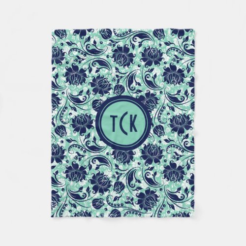 Navy Blue Green And White Floral Damasks Fleece Blanket