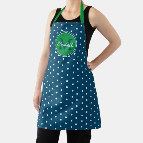 Navy Blue Green and White Polka Dot Monogram Apron