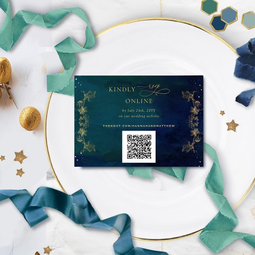 Navy Blue Green Celestial QR Code RSVP Wedding Enclosure Card