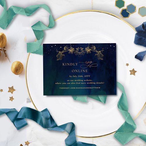 Navy Blue Green Celestial RSVP Online Wedding Enclosure Card