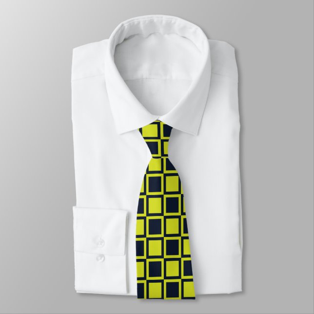 Navy Blue Green Checkerboard Pattern Neck Tie (Tied)