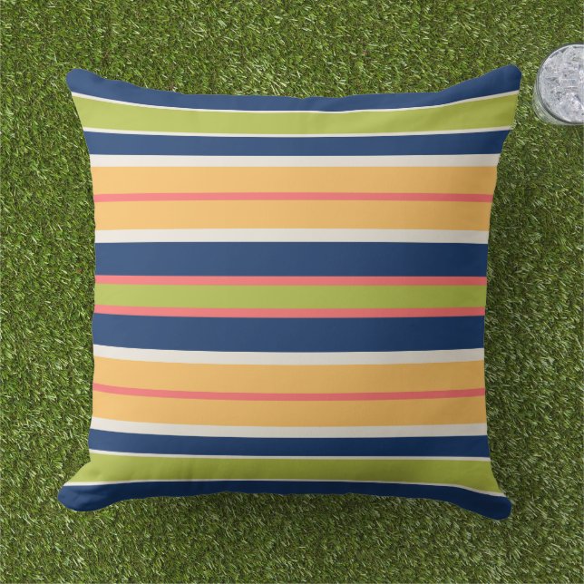 Navy Blue Green Coral and Orange Stripes | Throw Pillow (Grass)
