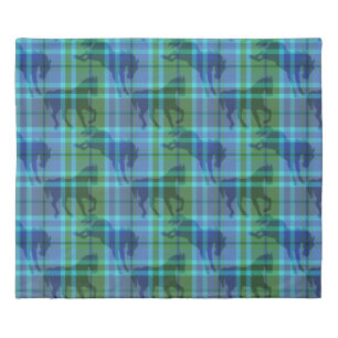 Navy blue & green equestrian horse tartan plaid duvet cover