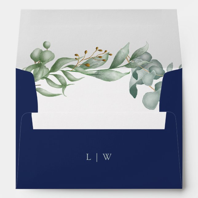 Navy Blue Green Eucalyptus Greenery Wedding Envelope (Back (Bottom))