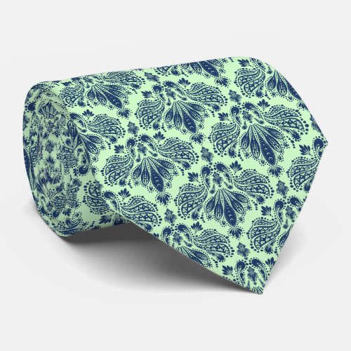 Navy Blue  Green Floral Damasks Pattern Neck Tie
